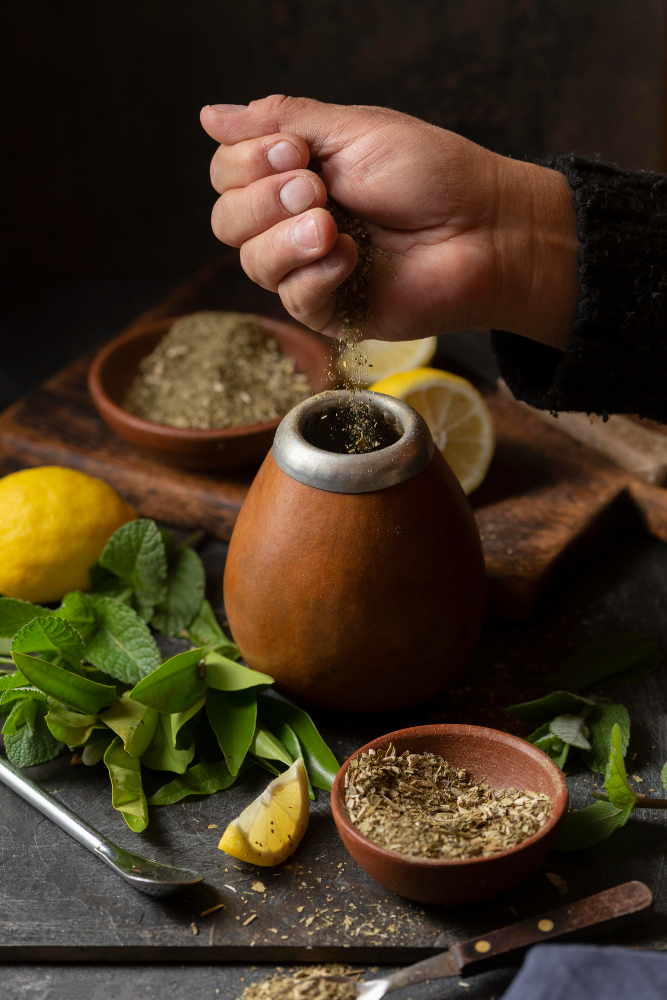 Ayurvedic mortar and herbs